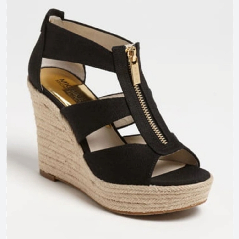 Michael Kors Black Espadrille Wedge Sandals with Gold Zip
